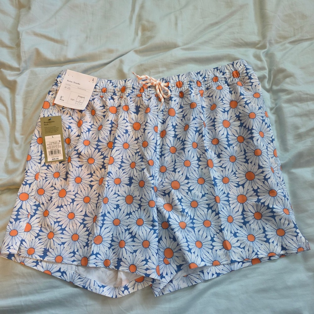 Goodfellow & Co Mens Blue Daisy Floral Swim Trunks 5" Inseam Orange White L NWT